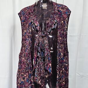 Carole Little Boho Floral Open Front Scarf Collared Duster Rayon Plus Size 22